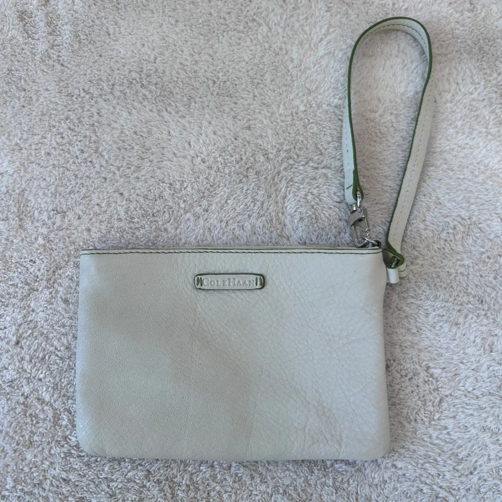 Cole Haan Leather Wristlet Pouch Cream Green Trim Silver Hardware Clutch